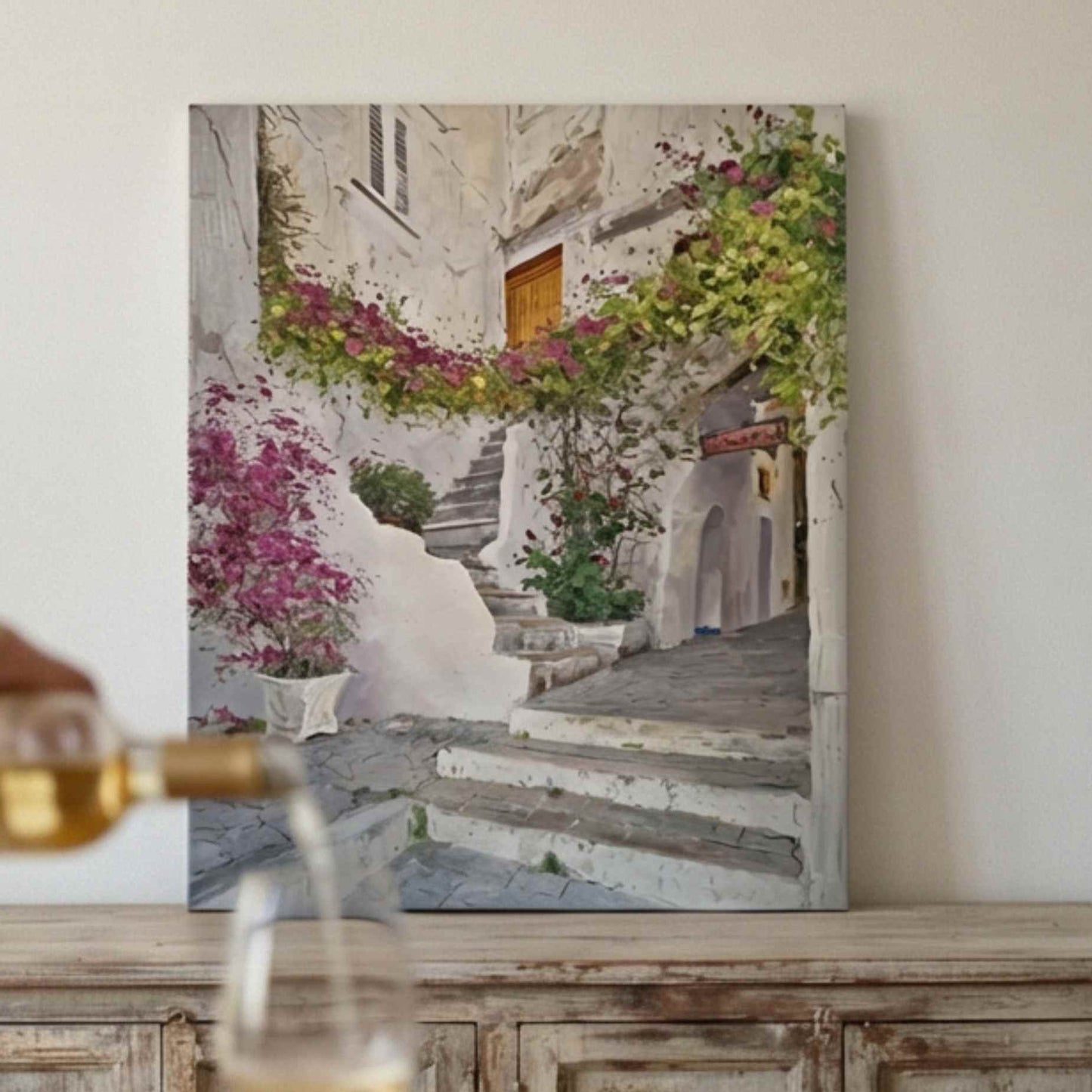cuadro al óleo de arquitectura mediterránea pintado a mano