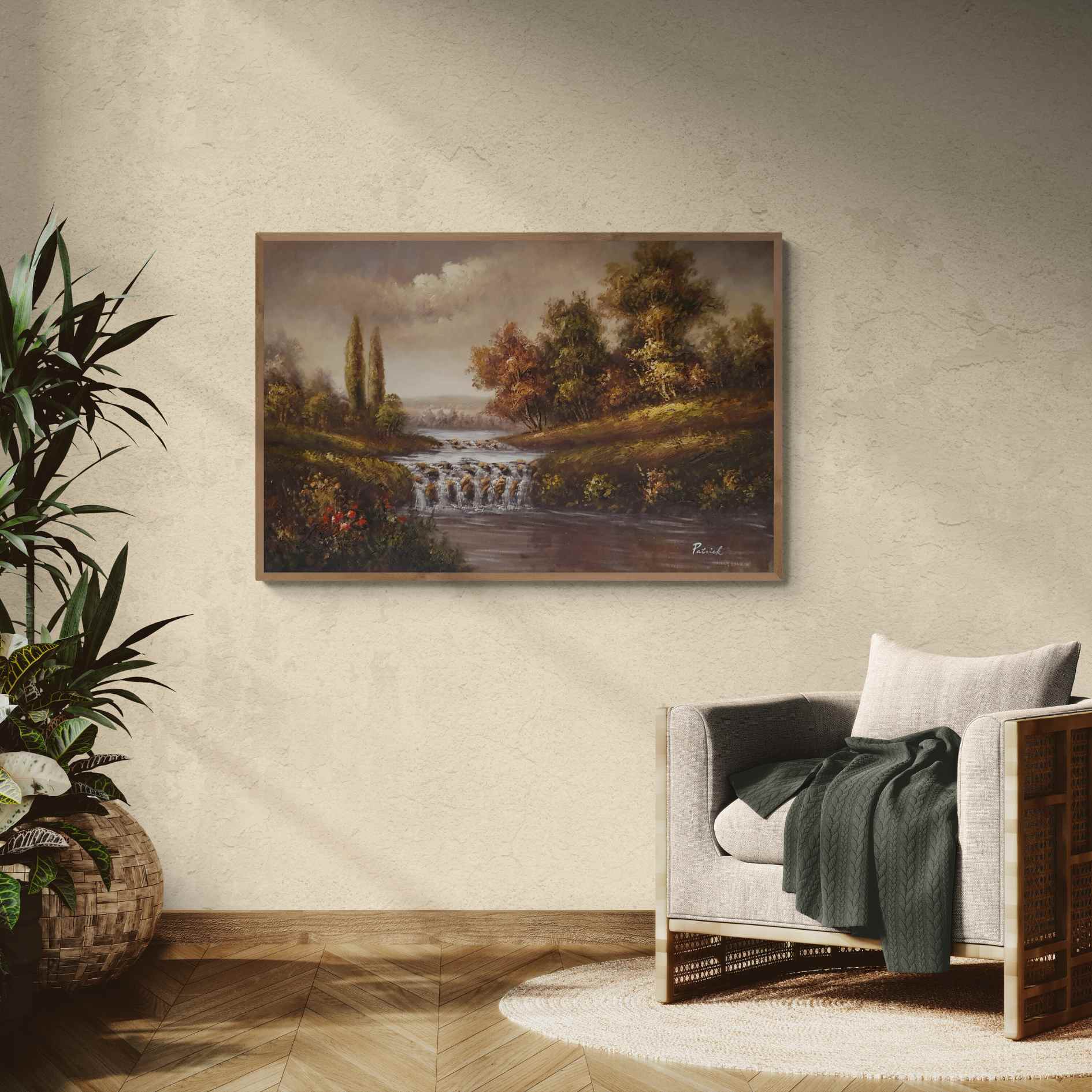 Pintura decorativa de paisaje otoñal con río