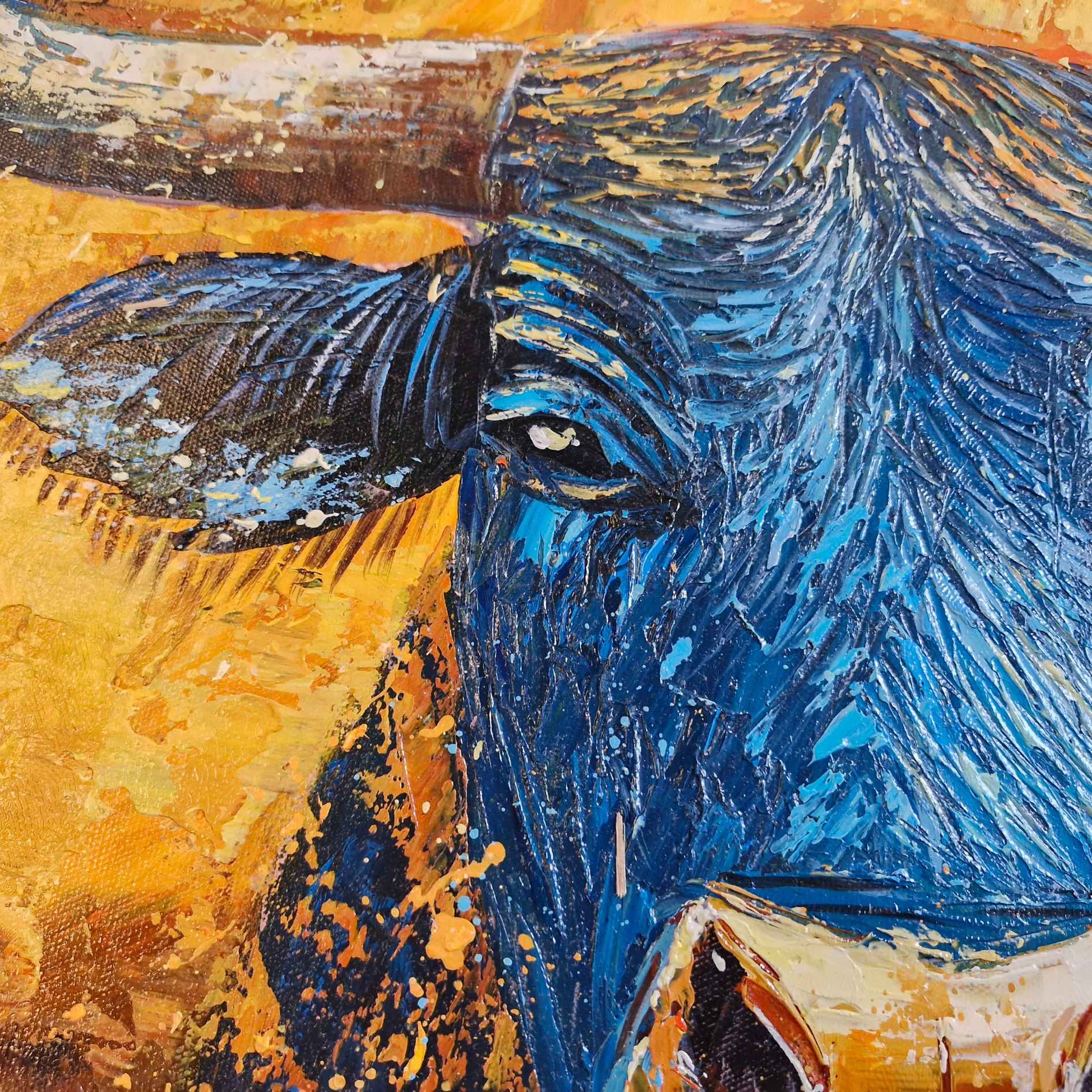 Oil Painting of a Blue Bull – Contemporary Art with Gold