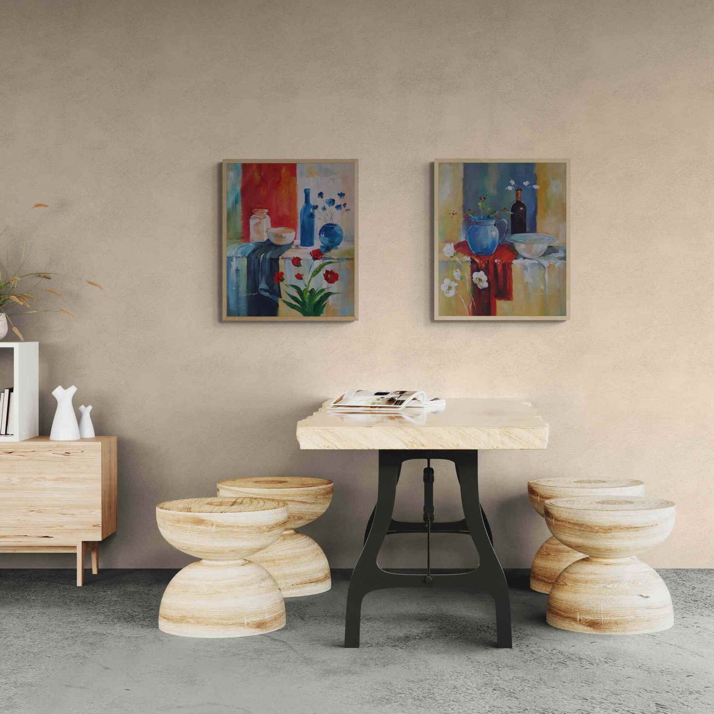 Cuadros en óleo con flores y utensilios de cocina