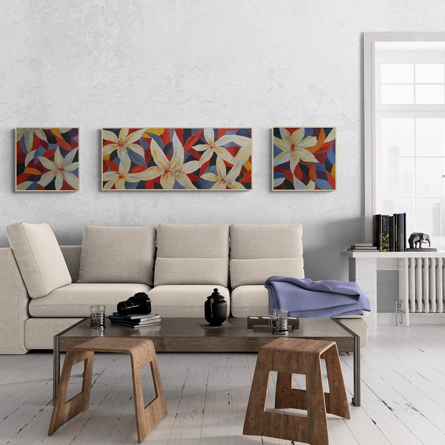 Triptych Painting Flowers 220x50 cm