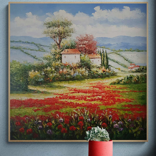 Mohnblumen-Landschaftsgemälde 80x80 cm