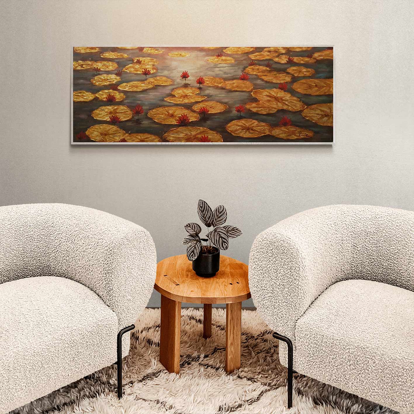 Gemälde mit goldenen Seerosen, 120 x 40 cm