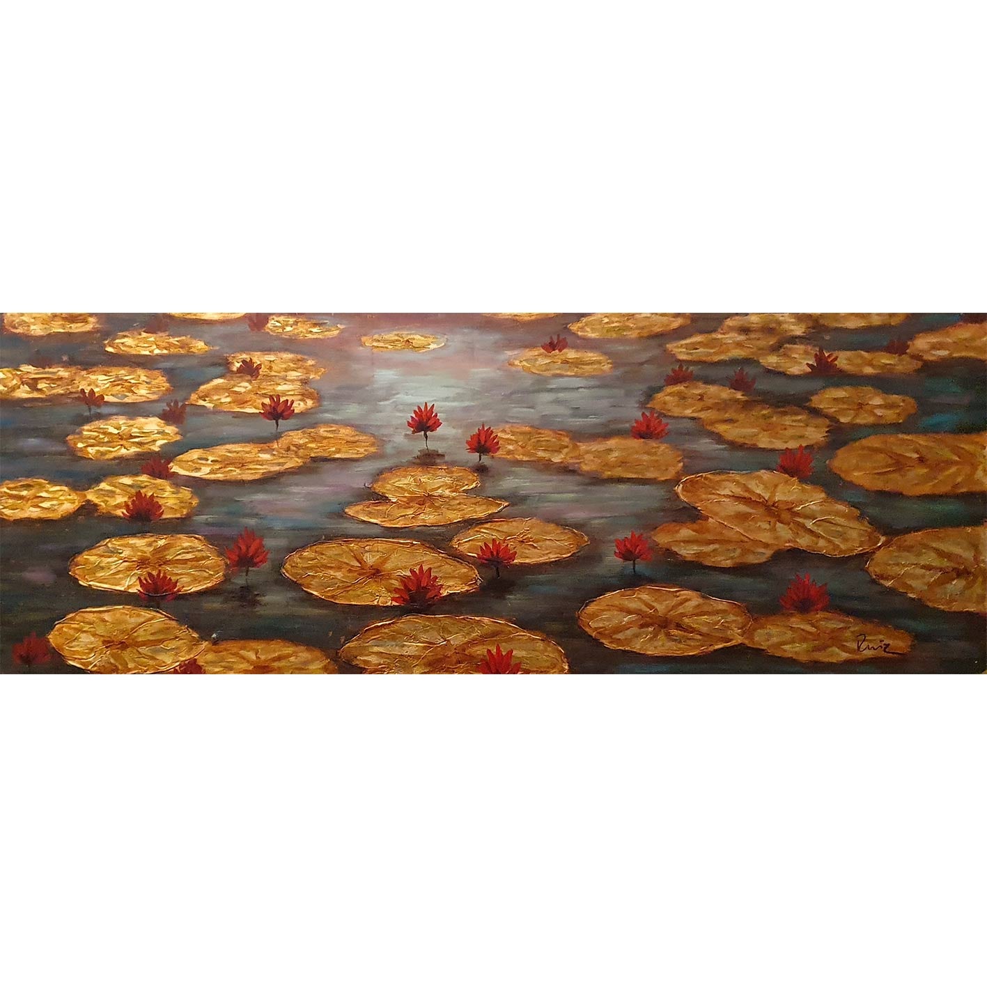Gemälde mit goldenen Seerosen, 120 x 40 cm