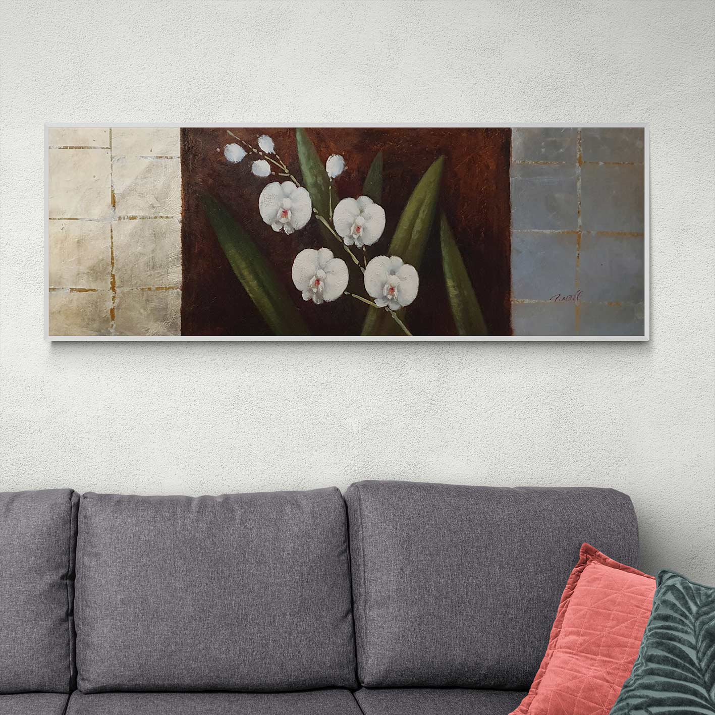 Weißes silbernes Blumengemälde 120x40 cm
