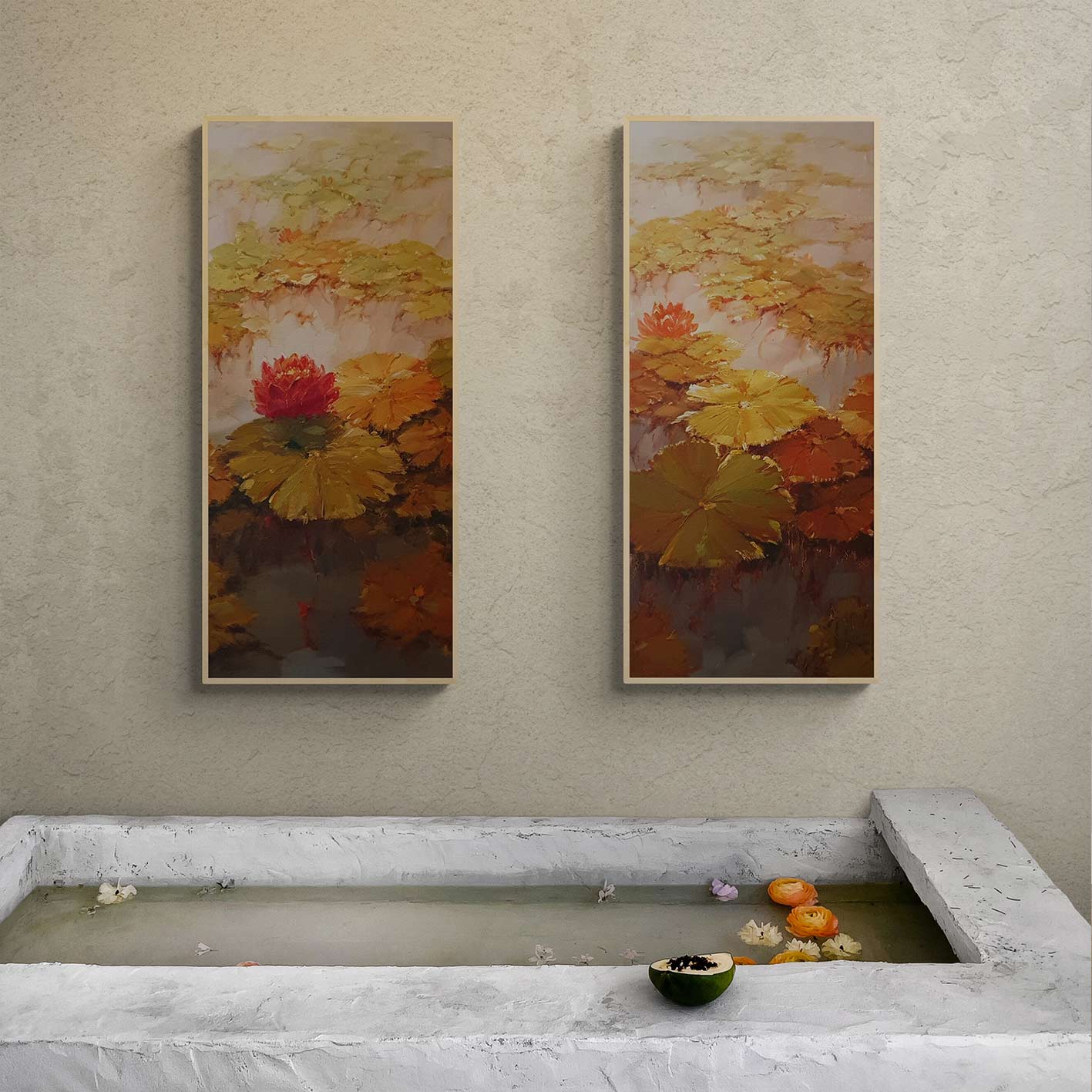 Water Lilies Couple Painting 40x90 cm [2 pieces]