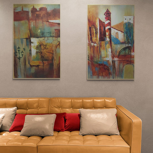 Abstraktes Stadt-Diptychon-Gemälde 90x60 cm [2 Stück]
