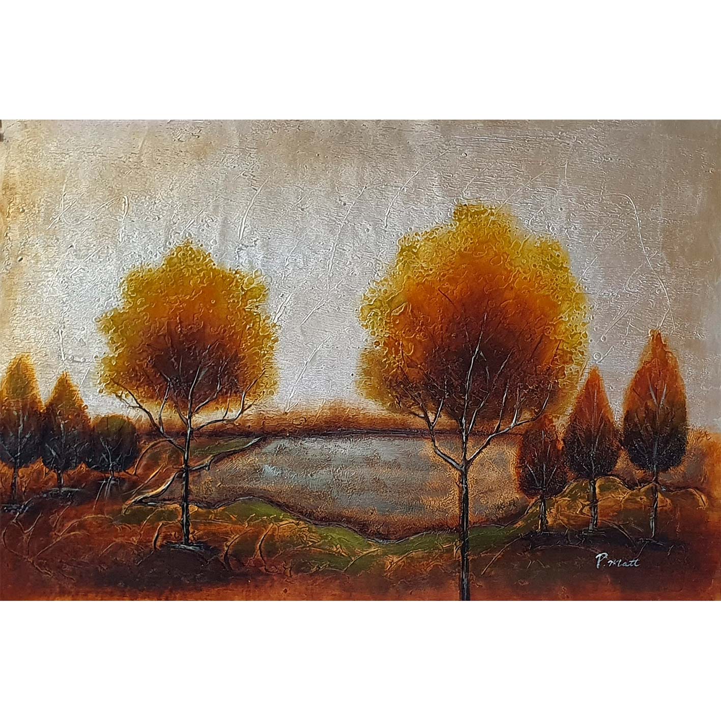 Silbergoldene Bäume Gemälde 90x60 cm