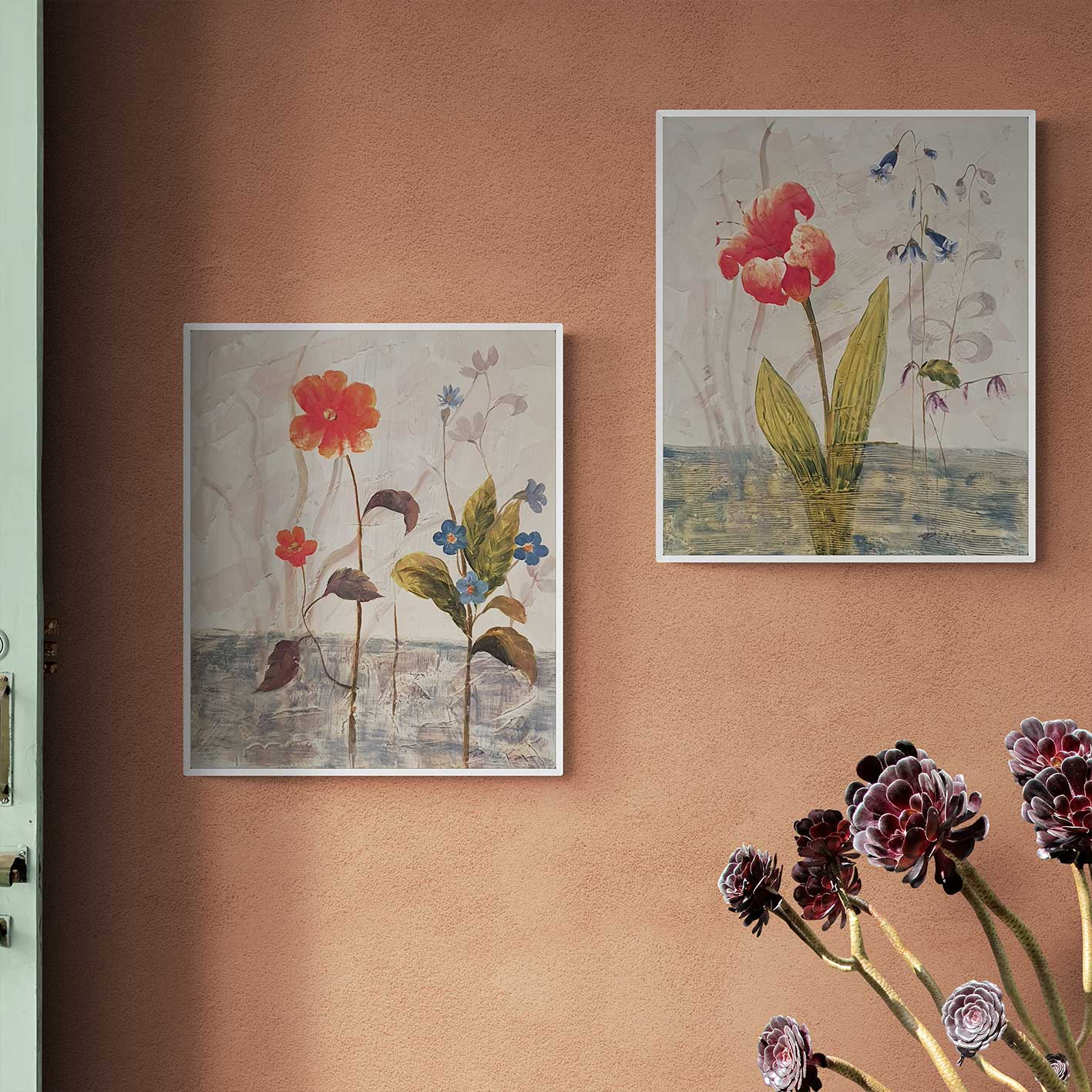 Dekoratives Blumen-Diptychon-Gemälde 50x60 cm [2 Stück]