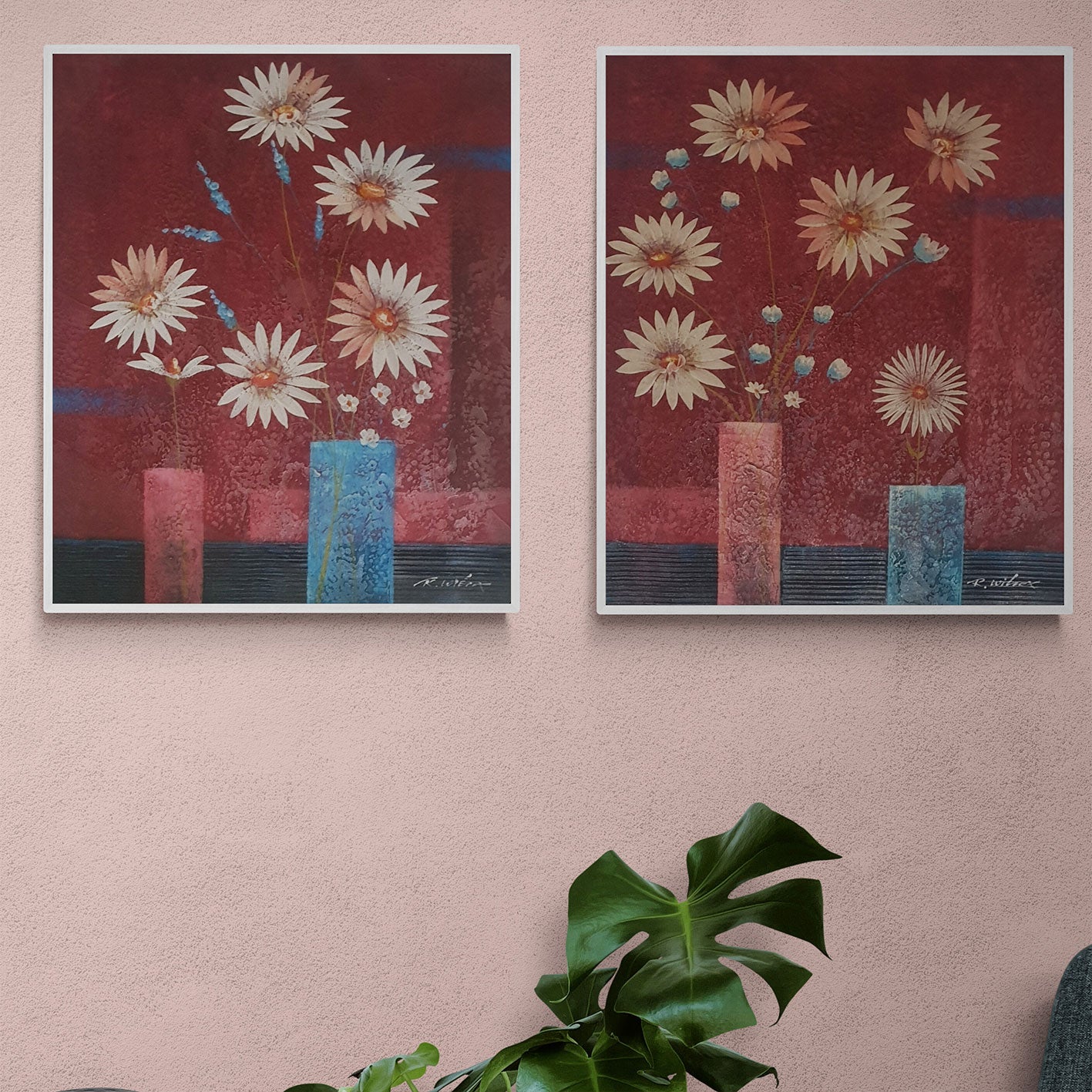 Diptychon Malerei Blumen Vase 50x60 cm [2 Stück]