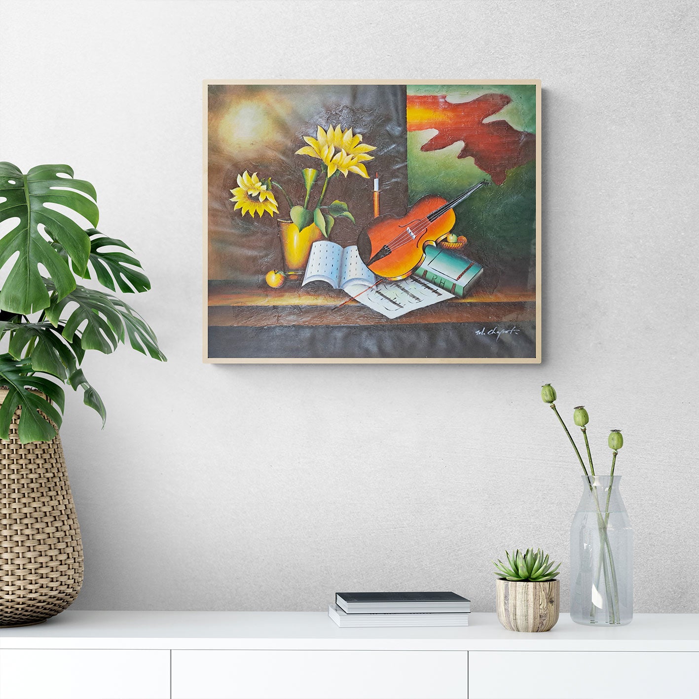 Violine Sonnenblumen Gemälde 60x50 cm