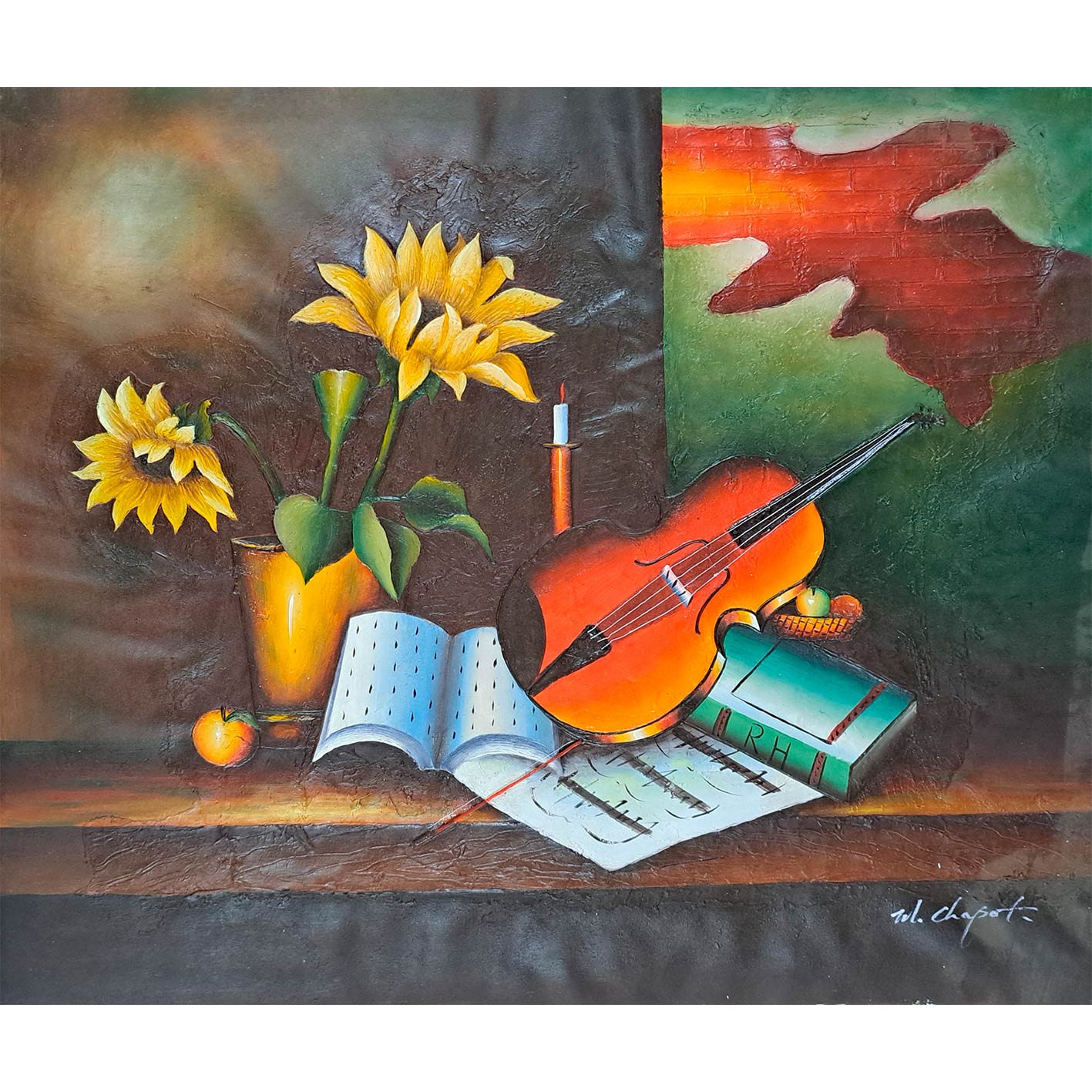 Violine Sonnenblumen Gemälde 60x50 cm