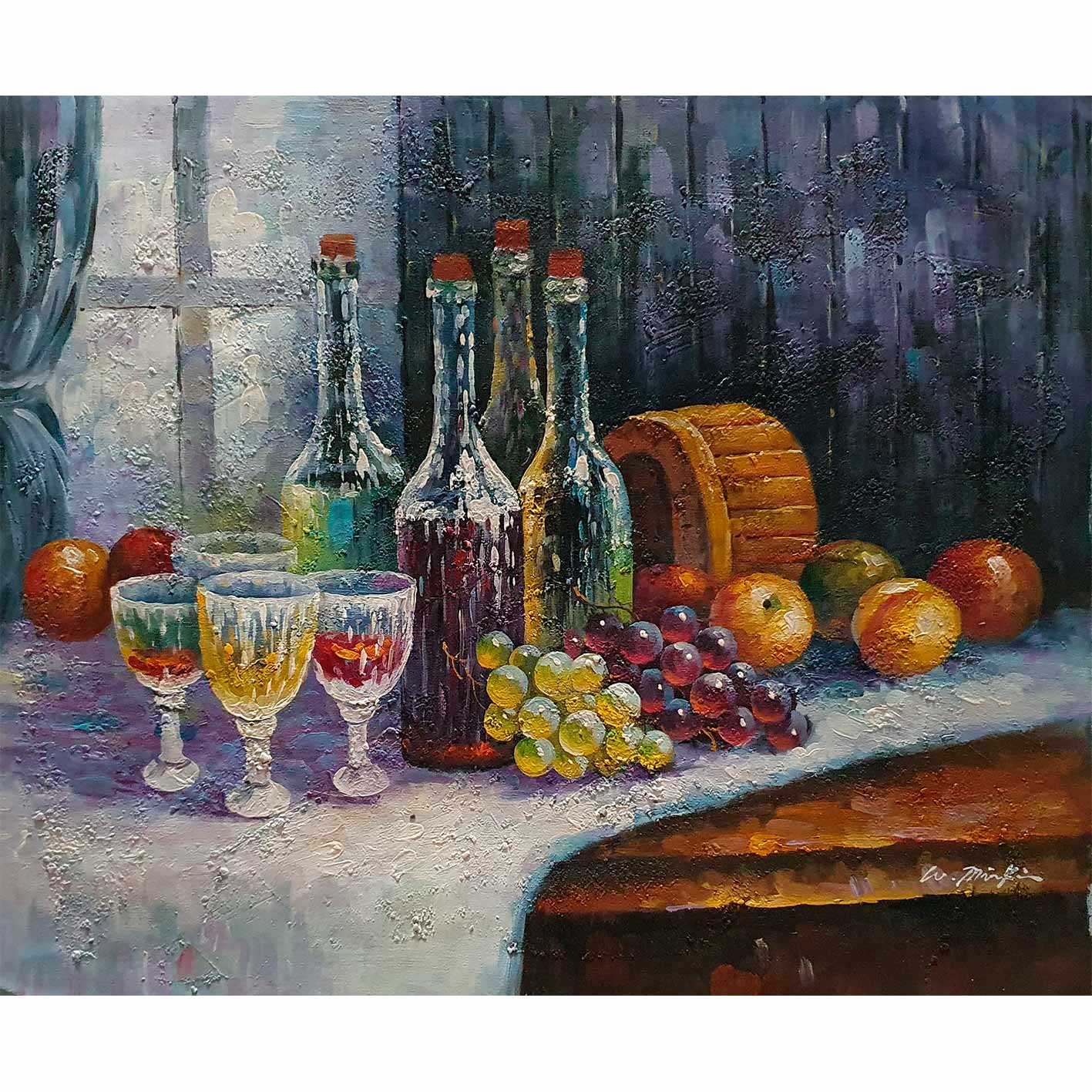 Bodegón realista con cristalería y frutas frescas