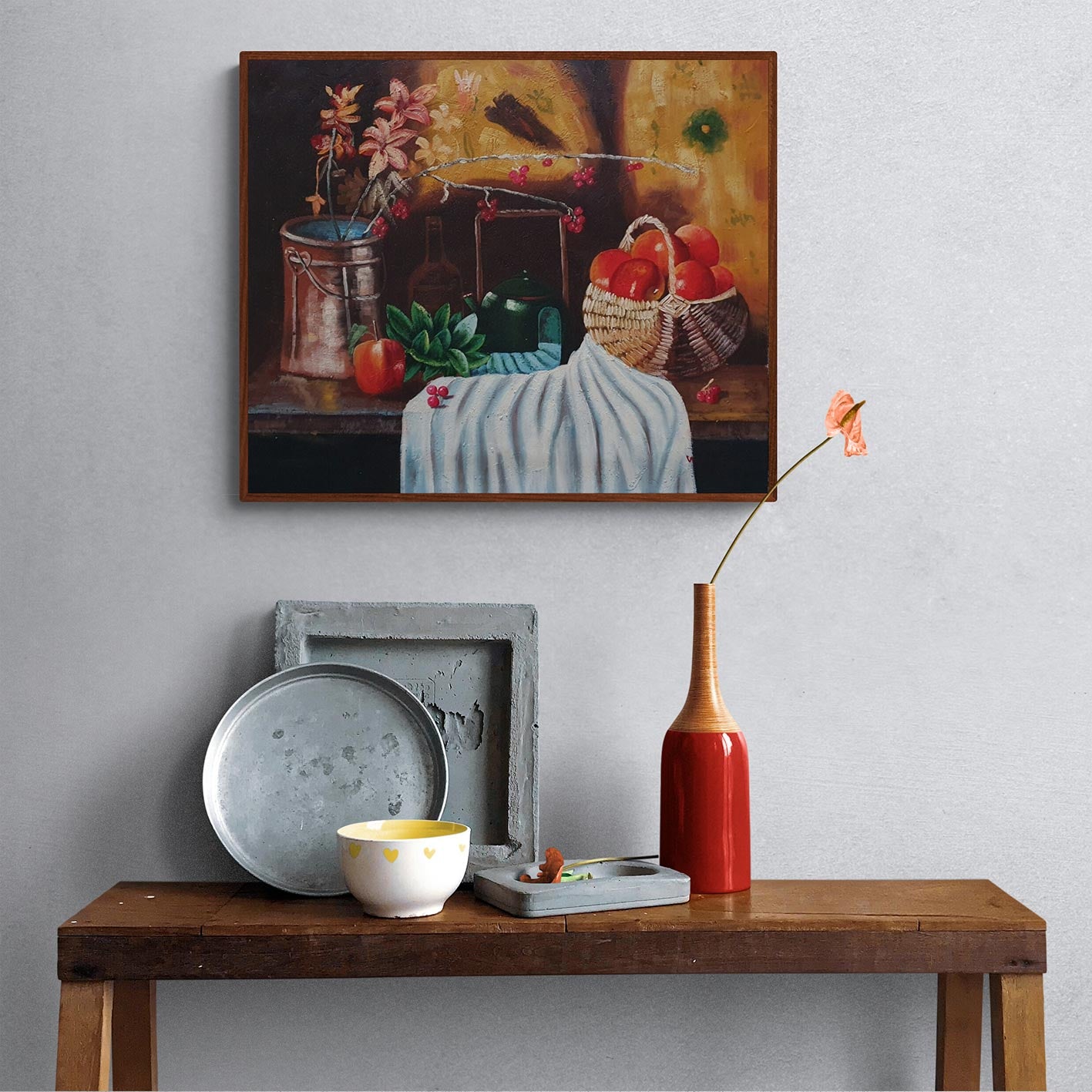 Cesta de manzanas pintada al óleo con fondo cálido