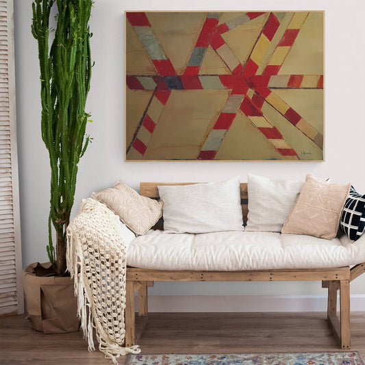 Pintura al óleo abstracta líneas rojas y blancas