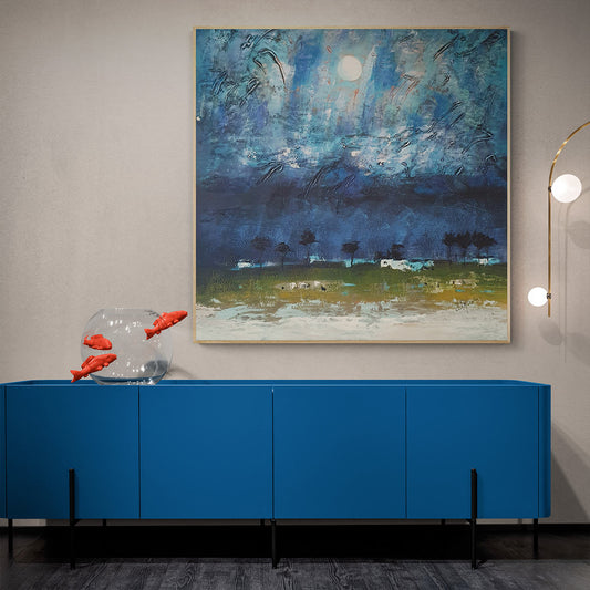 Cuadro abstracto azul, luna de paisaje