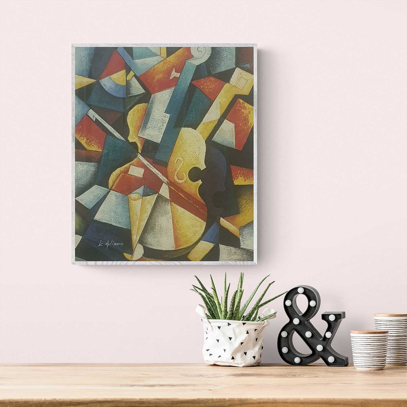 Cuadro abstracto pintado a mano al óleo con violín cubista