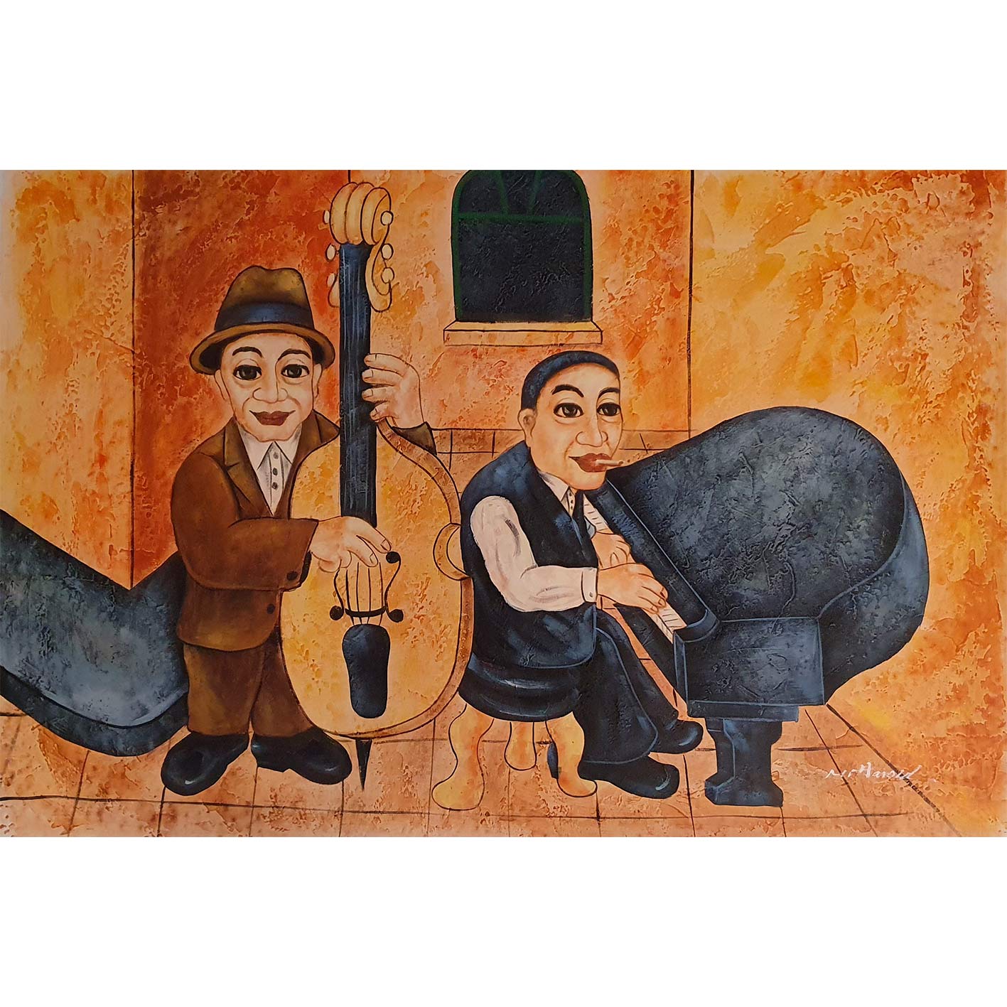 Cuadro Oleo Lienzo Musicos contrabajo