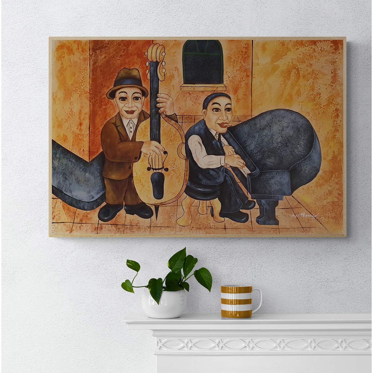 Cuadro Oleo Lienzo Musicos contrabajo