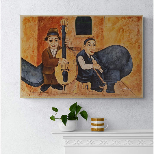 Cuadro Oleo Lienzo Musicos contrabajo