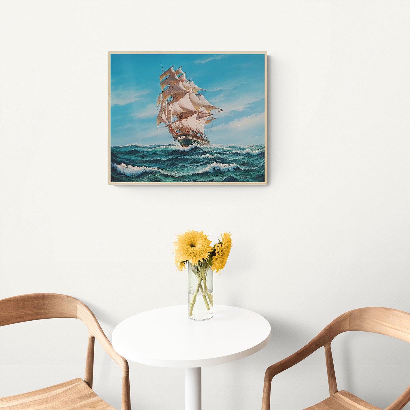 Cuadro al óleo de marina pintada con gran realismo y detalle de galeón sobre las olas 