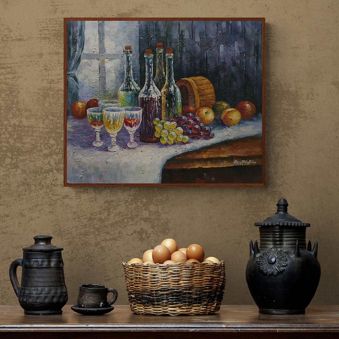 Cuadro al oleo pintado a mano con vino y frutas