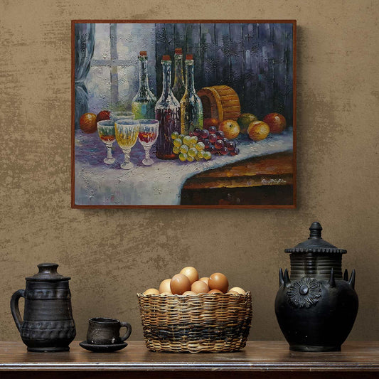 Cuadro al oleo pintado a mano con vino y frutas