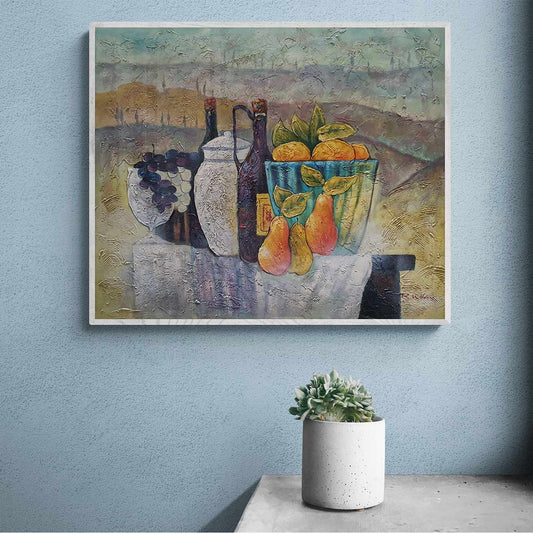 Cuadro al oleo pintado a mano con botellas de vino y uvas