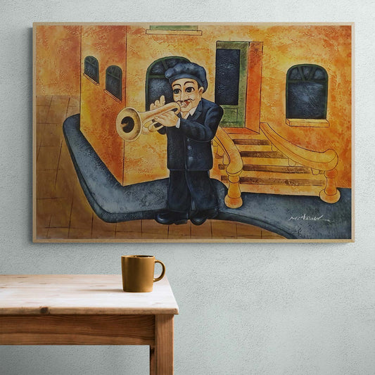 Cuadro pintado a mano con trompetista de jazz
