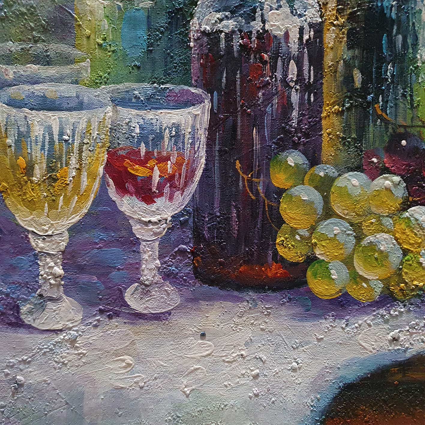 Cuadro de cocina con botellas de vino y barrica