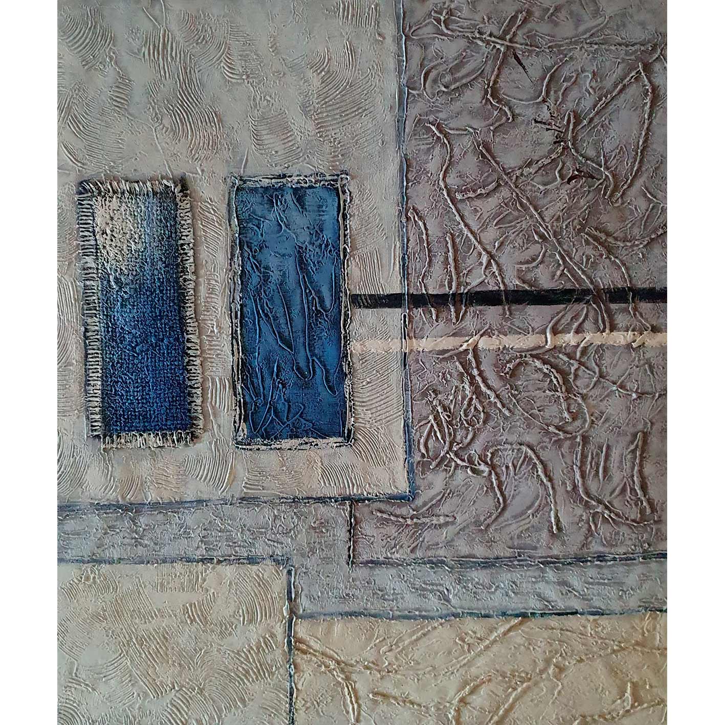 Díptico de lienzos decorativos abstractos de color azul y gris con textura y formas cuadradas