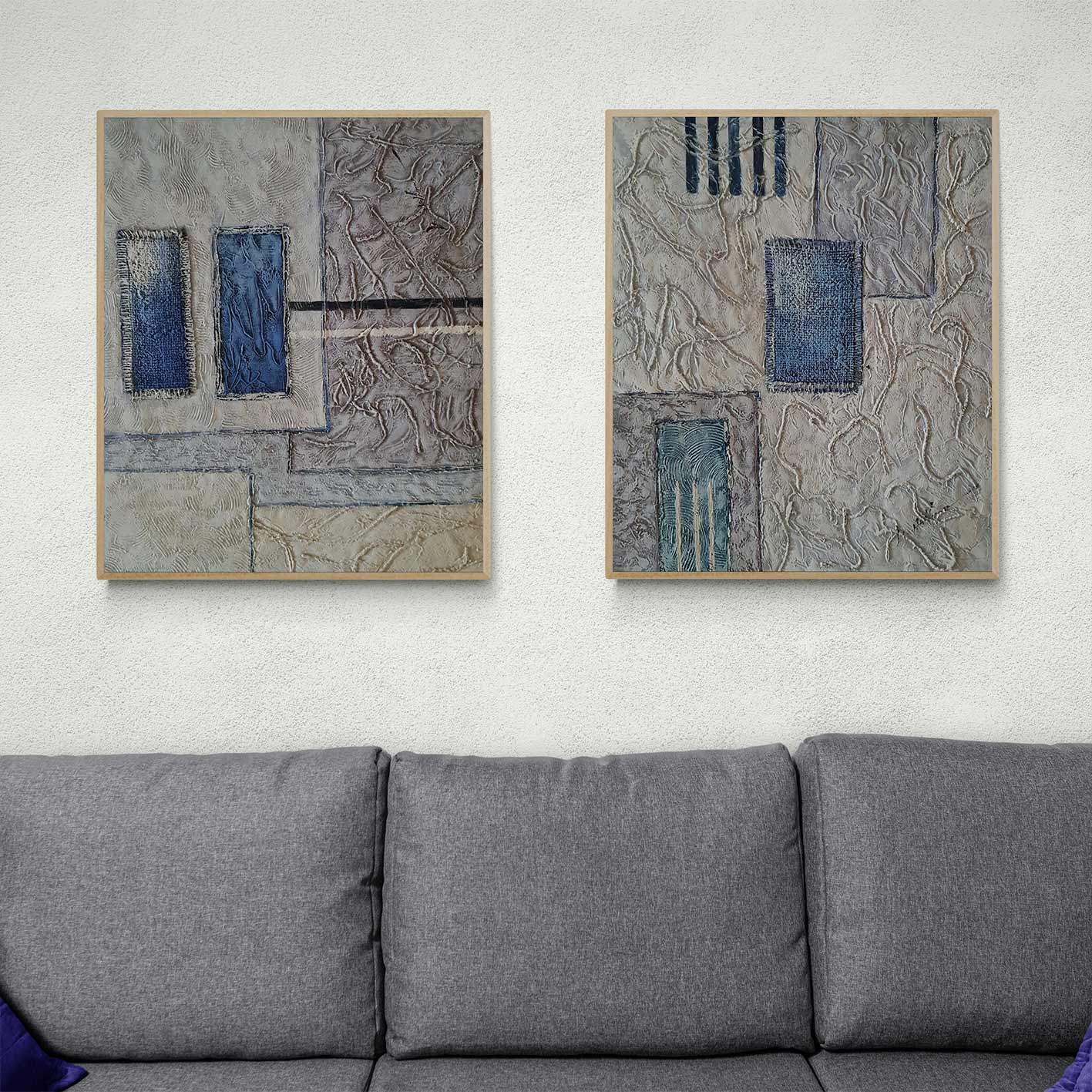 Díptico de cuadros abstractos modernos hechos a mano en tonos suaves