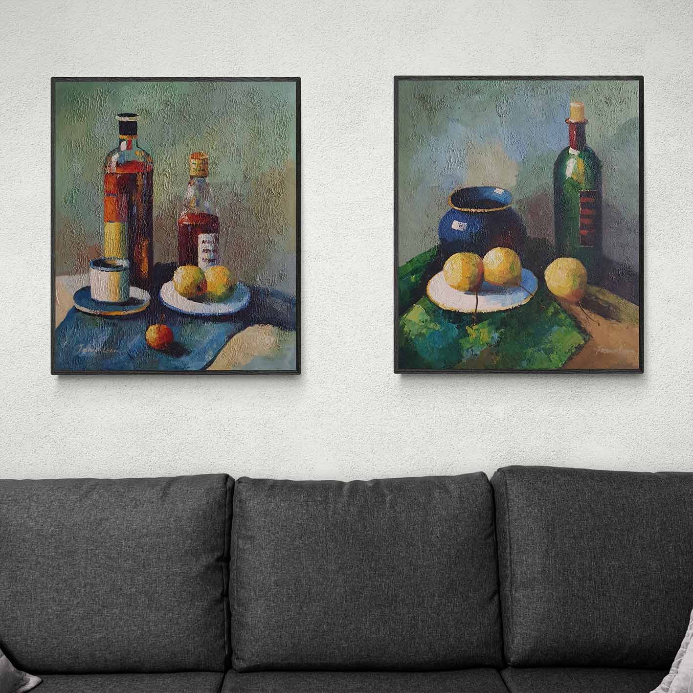 Pintura al Óleo Moderna con Botellas y Frutas