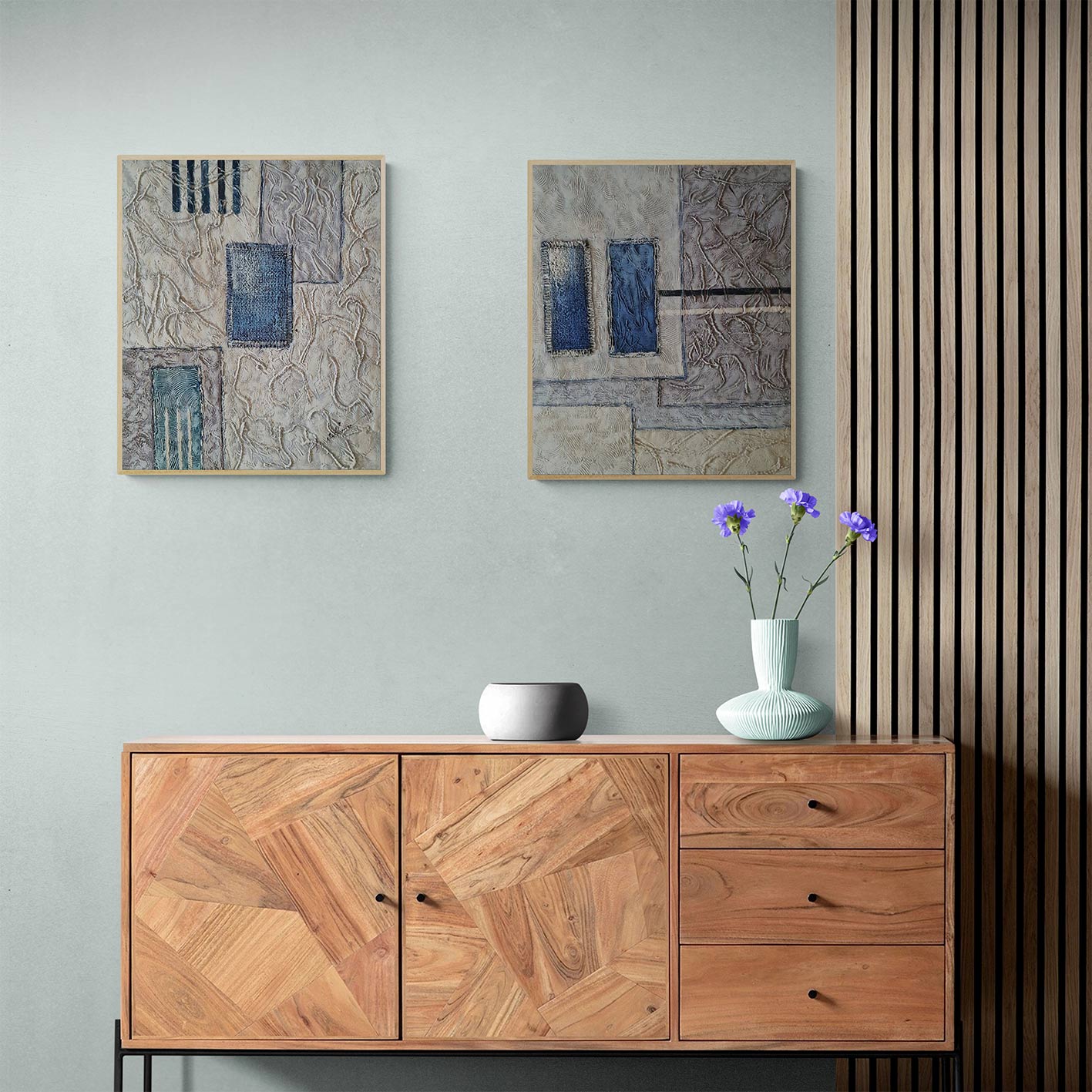 Pareja de cuadros abstractos originales con formas geométricas ideal para la decoración de salón, comedor o dormitorio