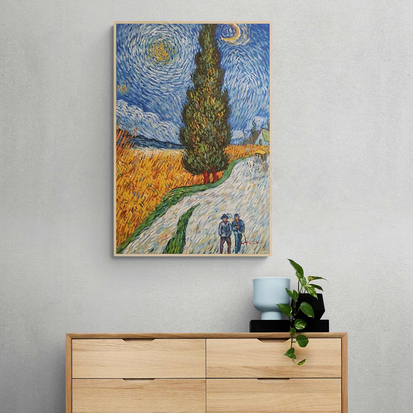 Pintura texturizada de noche estrellada con ciprés central