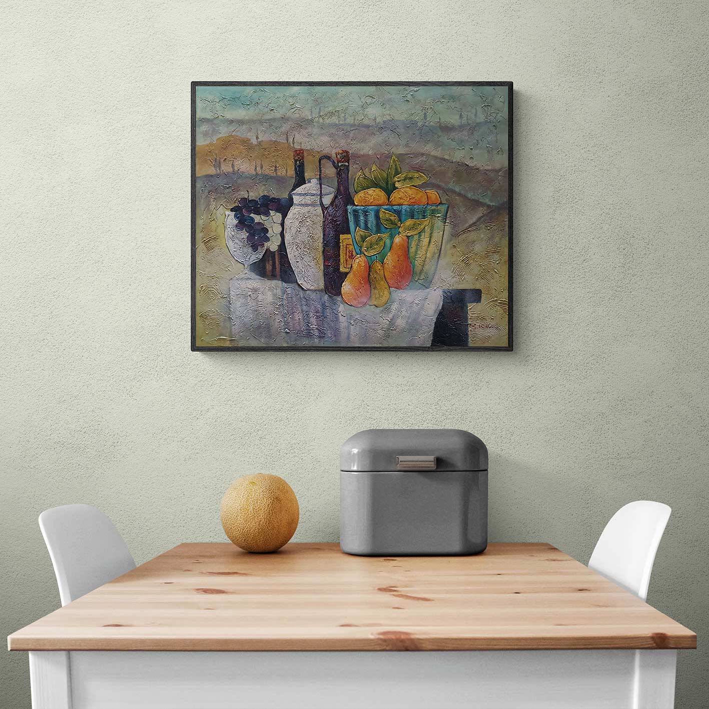 Pintura de bodegón con copas de cristal y frutas frescas