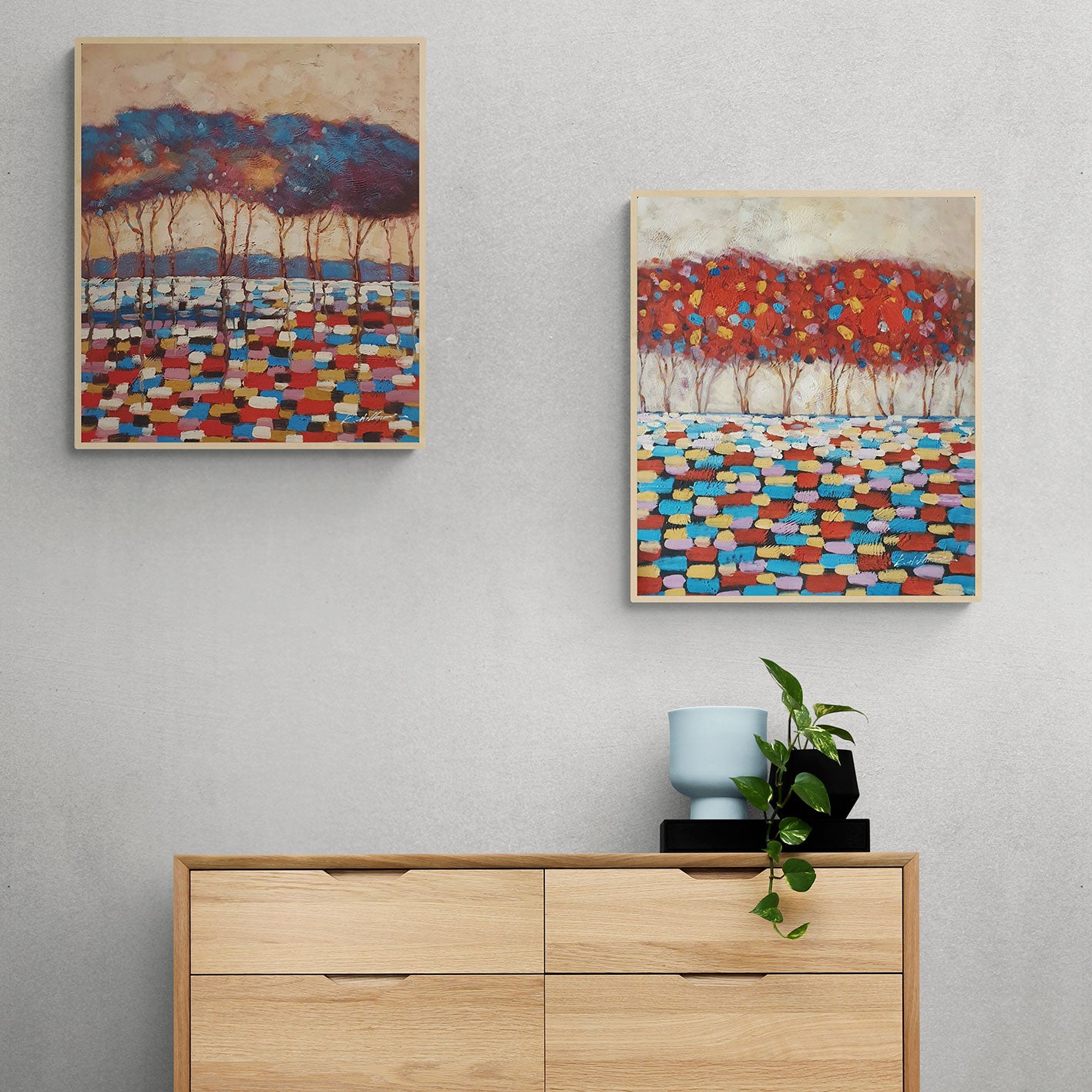 Lienzos decorativos abstractos con árboles estilizados