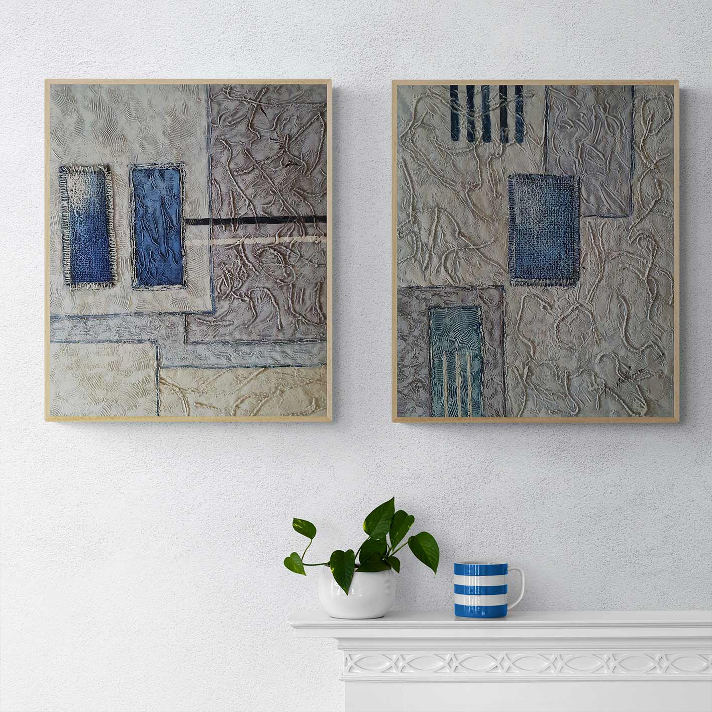 Set de cuadros al óleo hechos a mano en estilo abstracto texturizado en formato mediano de 60x50 cm