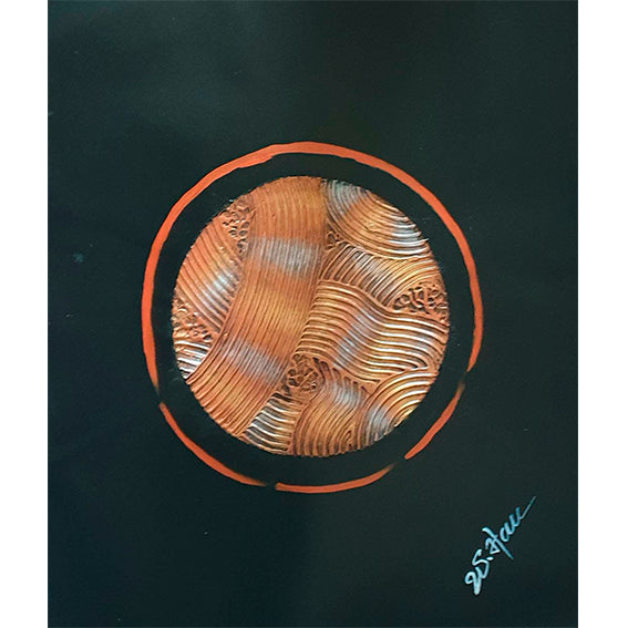 Obra artística moderna en formato circular con tonos cálidos.