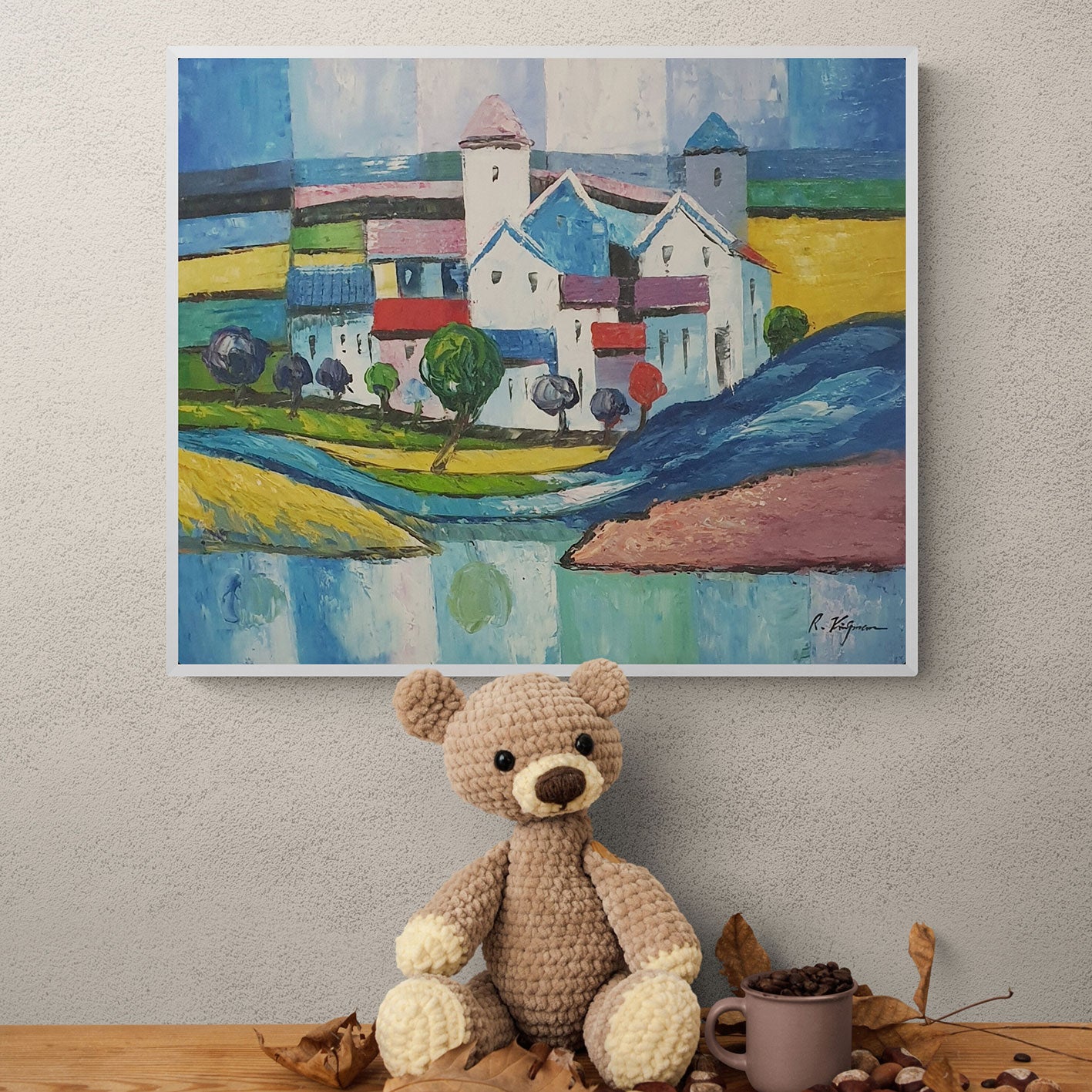 Cuadro al óleo con casas blancas y paisaje colorido