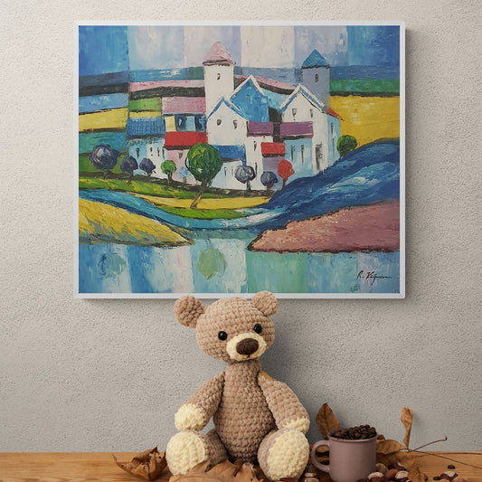 Cuadro al óleo con casas blancas y paisaje colorido