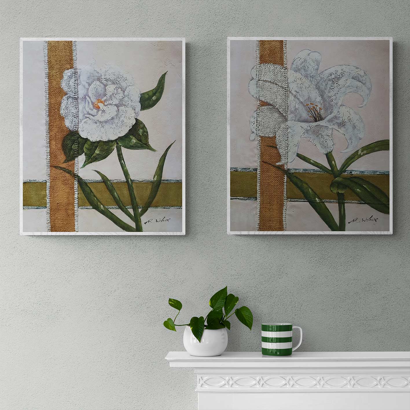 Cuadro de peonía blanca pintado a mano al óleo