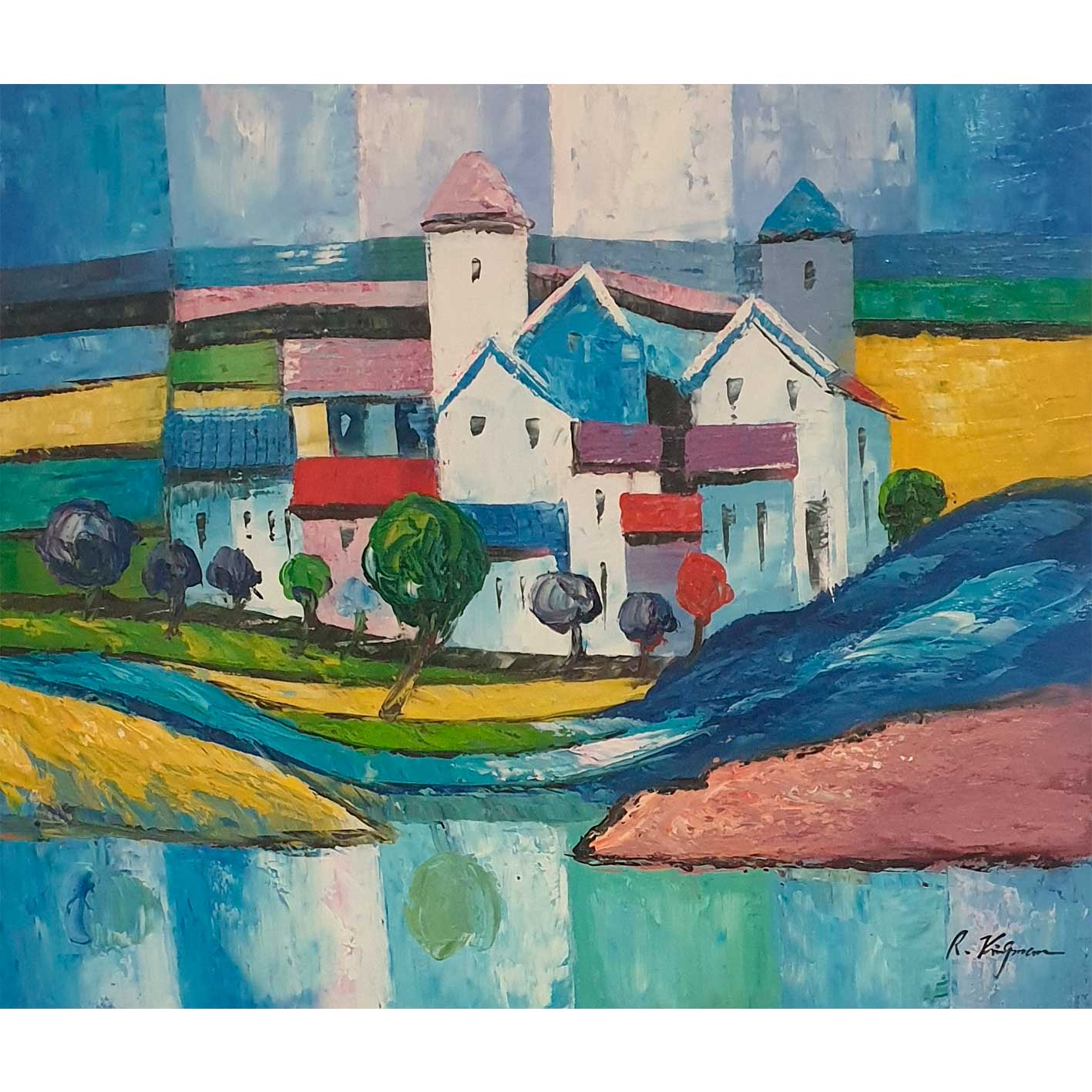 Pintura de pueblo moderno junto a un lago