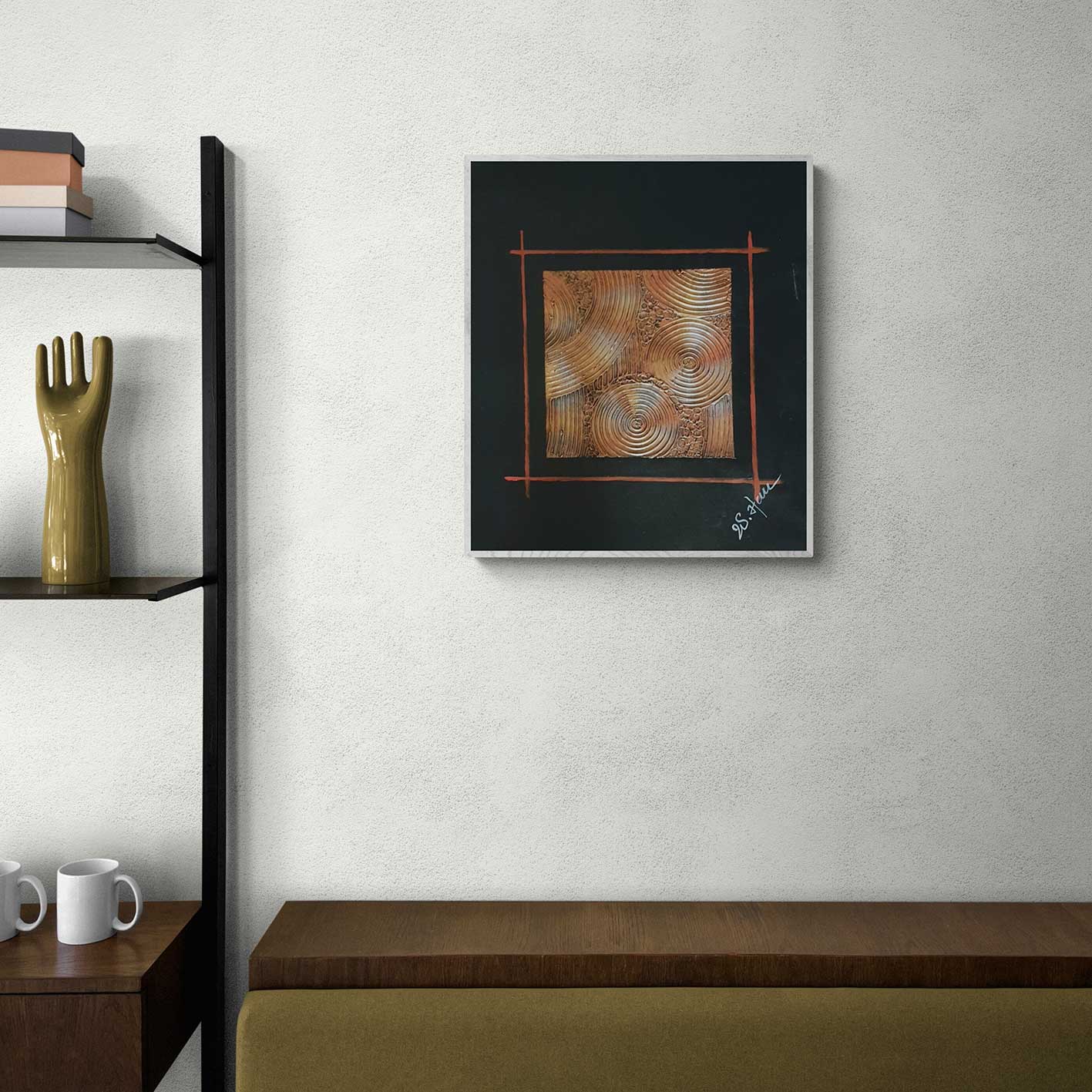 Pintura al óleo cuadrada hecha a mano con textura metálica.